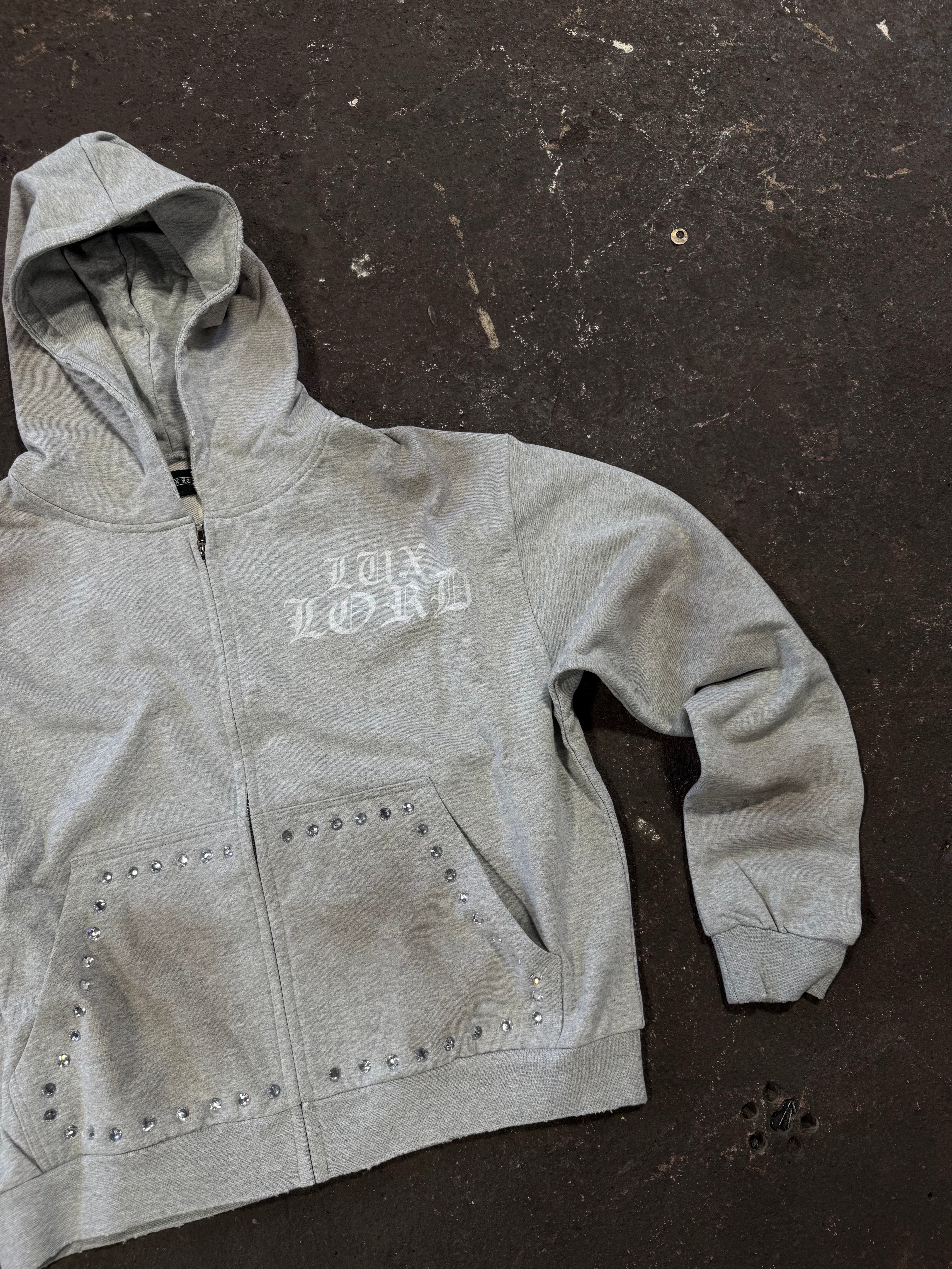 "Grey Dirty Effect" Hood Jewel ZipUp